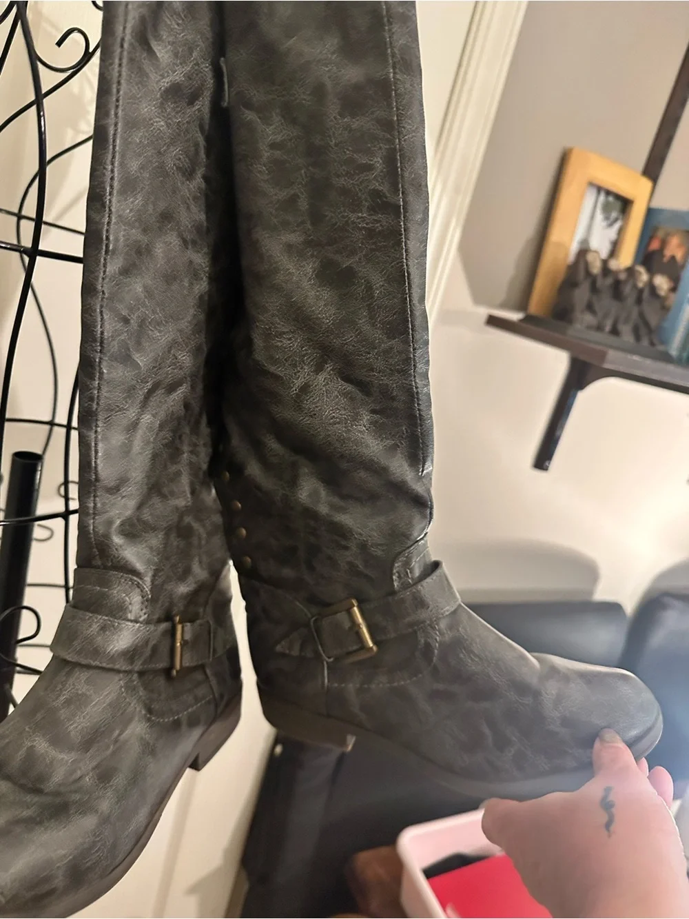 Grey Journee Collection studded knee-high boots buckle & Rivet details
